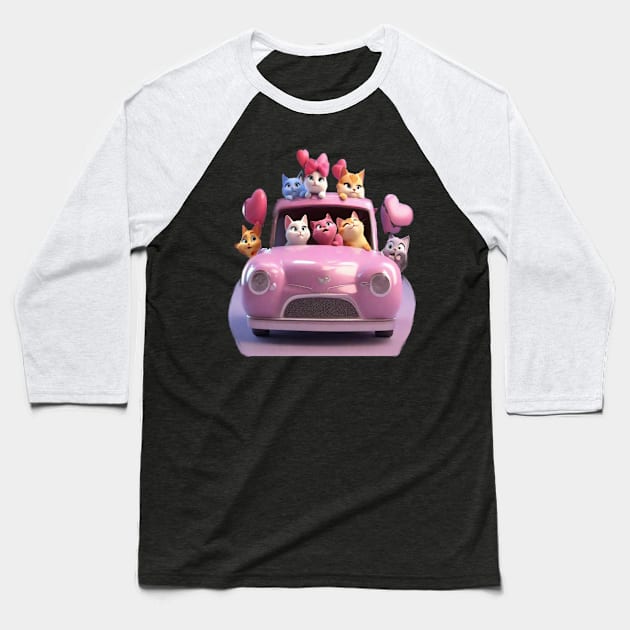 Happy cats in a pink car driving to valentines cat parade. Baseball T-Shirt by sailorsam1805